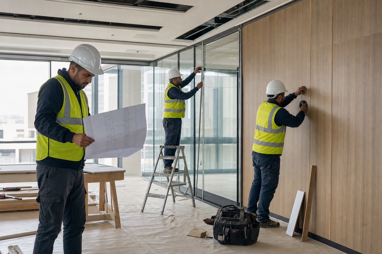 Équipe réalisant des travaux d'aménagement de bureaux au Maroc