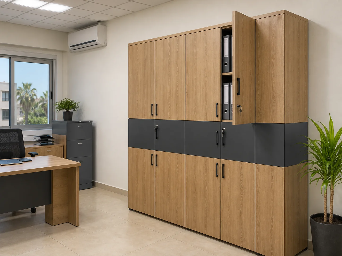 Armoire de rangement professionnelle en bois et gris anthracite au Maroc