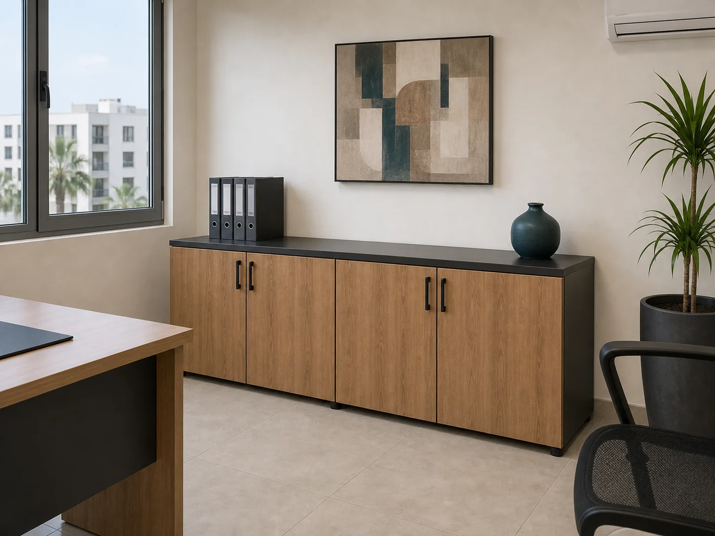 Crédence basse de bureau en bois avec plateau noir au Maroc