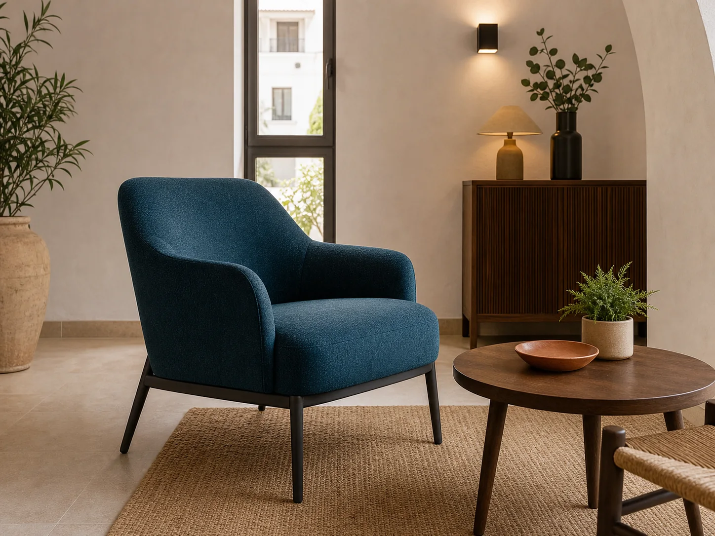 Fauteuil lounge bleu pétrole pour espace d'accueil au Maroc