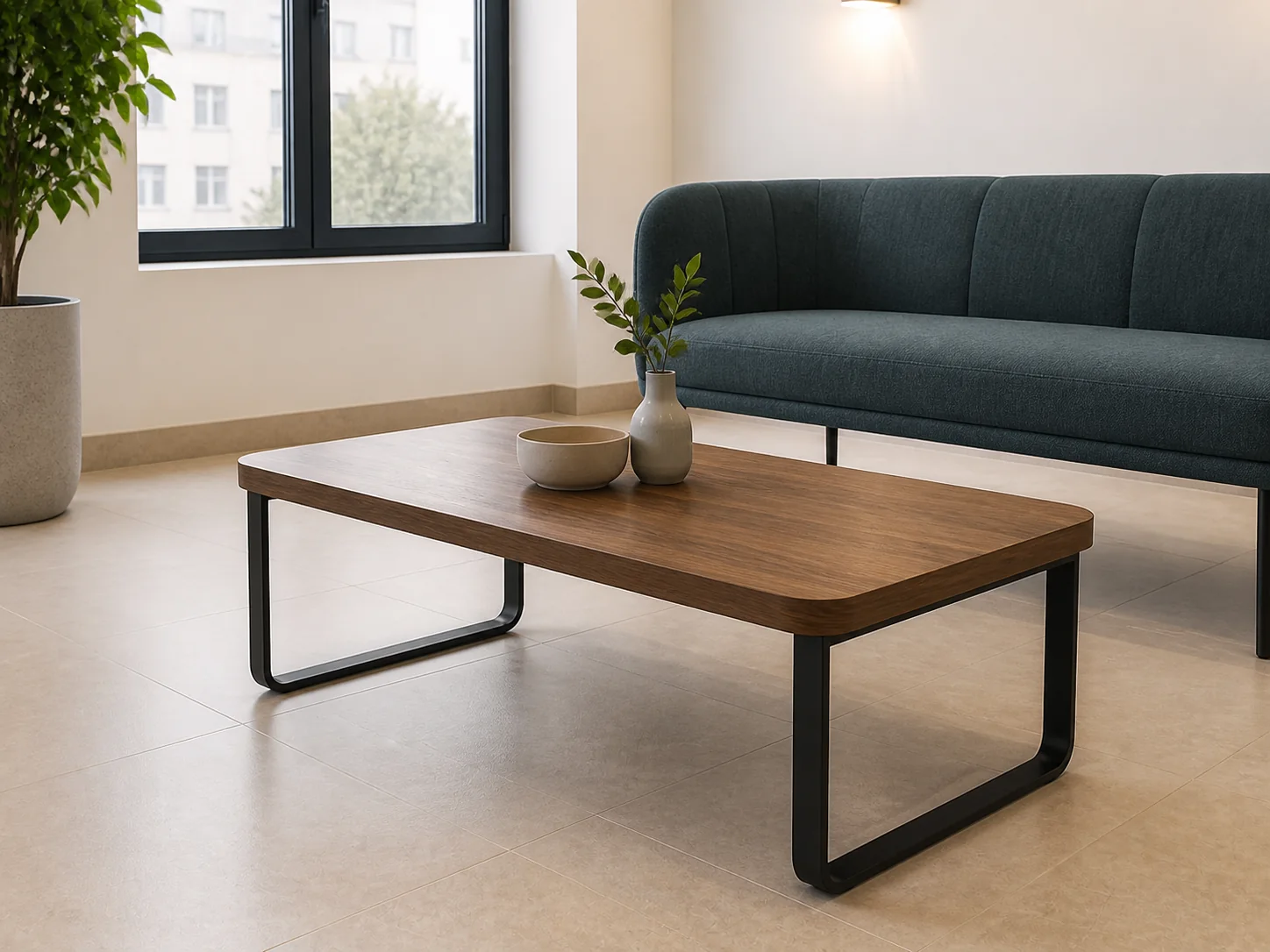 Table basse professionnelle en bois et métal noir pour espace d'attente au Maroc